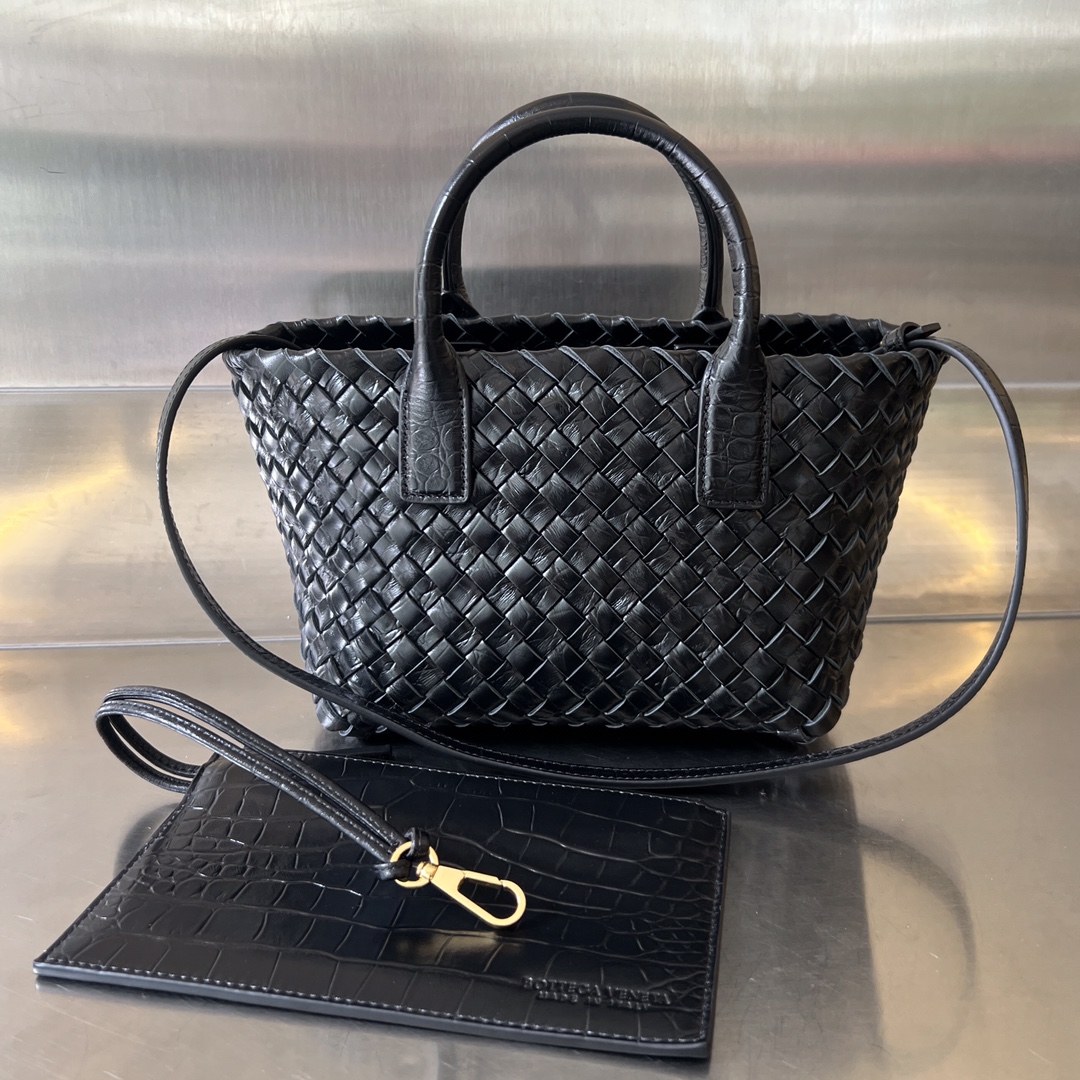 Mini Cabat Intreccio Crocodile Grain Leather Tote Black